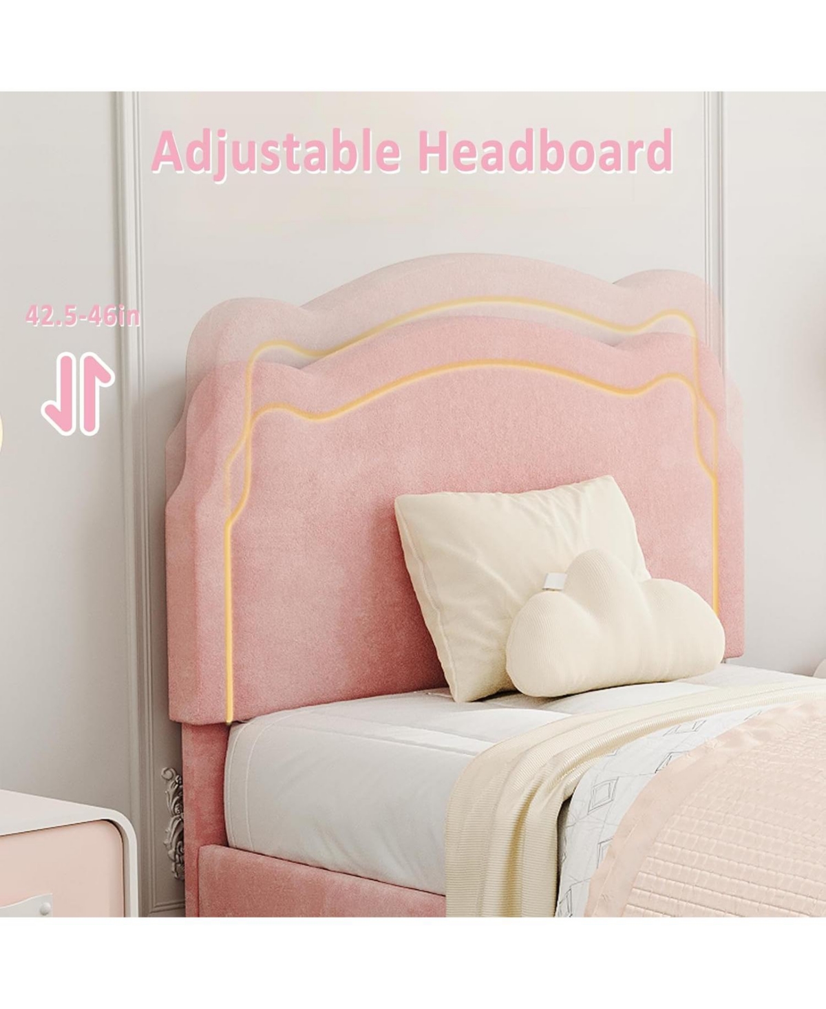 gaomon Twin Upholstered Smart Led Bed Frame with Adjustable Bear Headboard, Storage Drawer, Velvet Princess Platform
