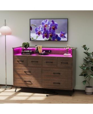 8 Drawer Bedroom Dresser with LED Lights & Charging Station, Vintage Wide Chest