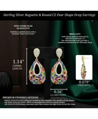 Sterling Silver Baguette & Round CZ Pear Shape Drop Earrings