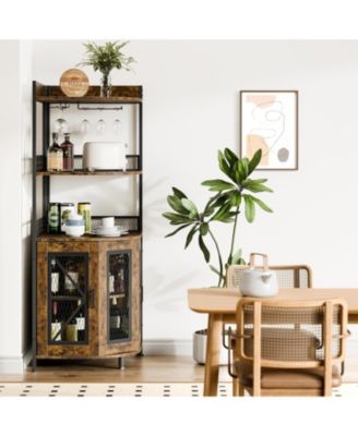  Corner Bar Cabinet with LED Strip 5-Tiers Industrial Bar Cabinet with Power Outlet & Glass Holder Wine Cabinet for Home Bar Display Cabinet