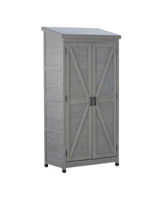 Wooden Storage Shed with Metal Top Tall Vertical Tool Cabinet