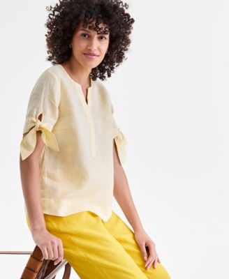Women's 100% Linen Split-Neck Tie-Cuff Top