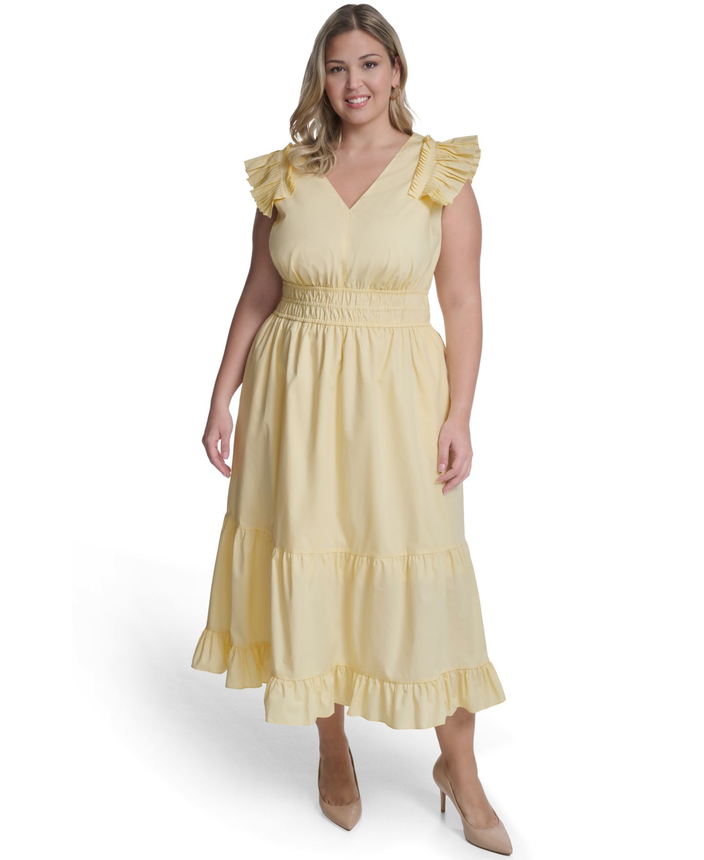 Женское платье Vince Camuto Plus Size Flutter-Sleeve Tiered Maxi, цвет: Bromocresol — фото 1