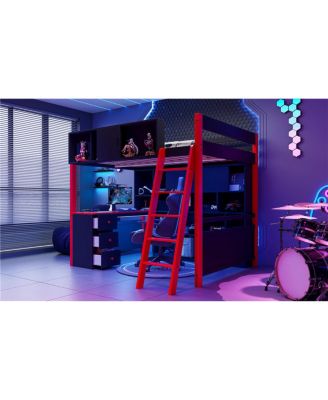 Full Size Wood Loft Bed with Desk, Ample Storage Space and Light