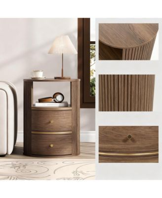 Mid-Century Walnut Fluted End Table with 2 Drawers & Open Shelf