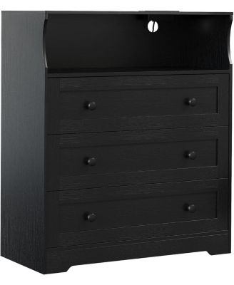 Small Wood Dresser with 3 Drawers, Wooden Dresser with Charging Station and LED Lights for Bedroom Closet Bedside Nightstand