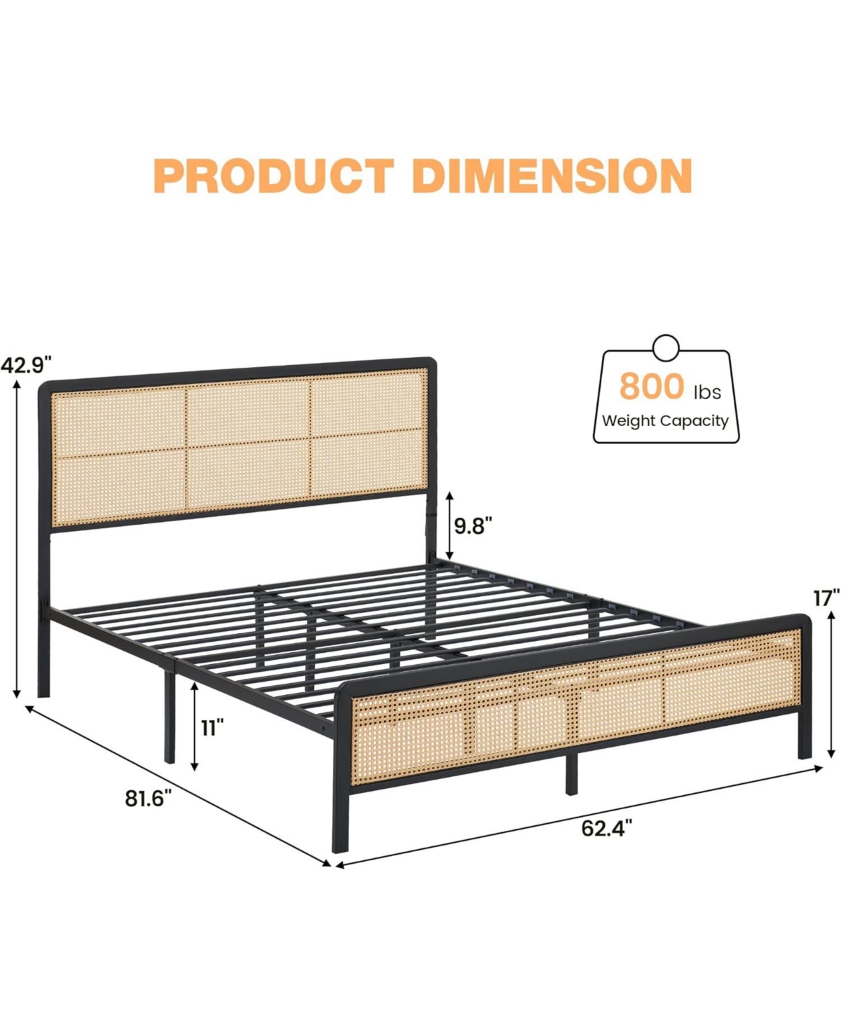 Gaomon Full Rattan Platform Bed Frame with Led Light Headboard