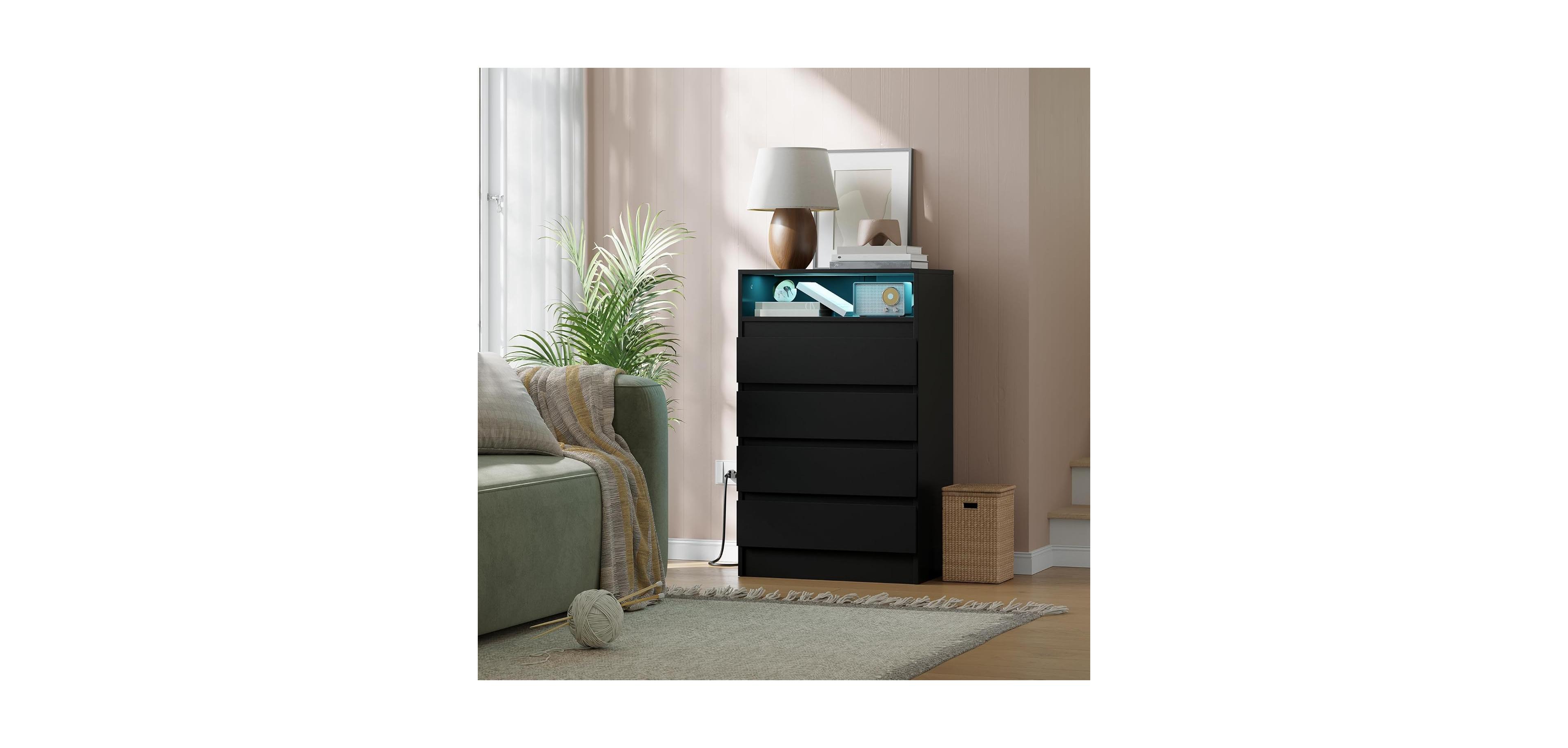 Gaomon 4 Drawer Dresser with Charging Station & Led Lights, Modern Chest with Power Outlet, Storage Cabinet for Bedroom or Living Room
