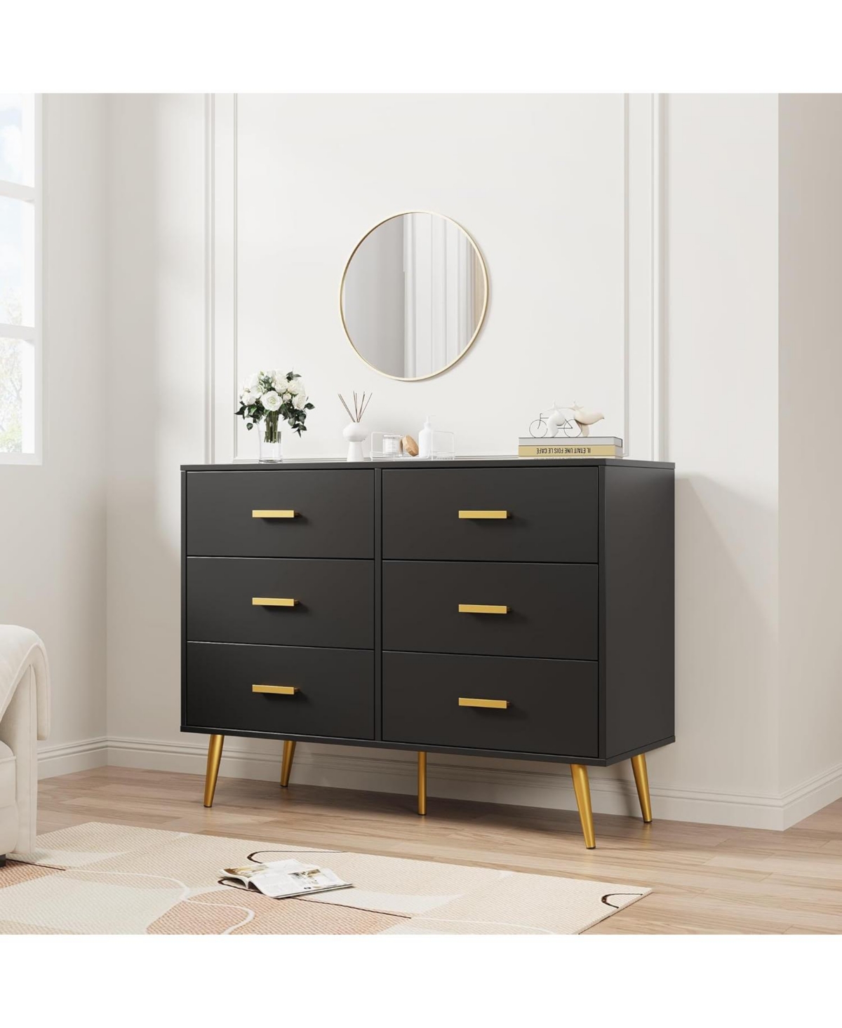 gaomon 6 Drawer Dresser, Modern Wooden Chest of Drawers with Gold Handles, Deep Drawers for Bedroom, Living Room and Entryway