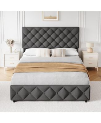 Queen Size Bed Frame with 4 Storage Drawers, Linen Upholstered Platform Bed Frame with Adjustable Headboard