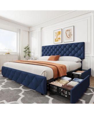 Bed Frame with 4 Storage Drawers and Adjustable Headboard, Linen Upholstered Platform Beds