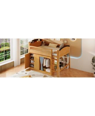 Loft Bed with Storage Cabinet, Wardrobe & LED Wood Espresso