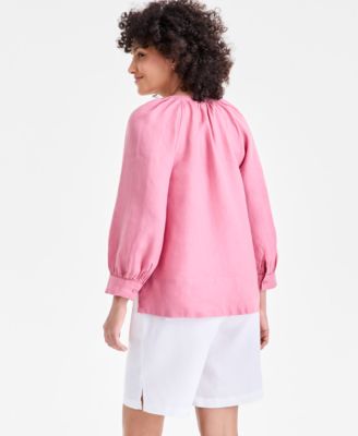 Women's 100% Linen Split-Neck 3/4-Sleeve Blouse