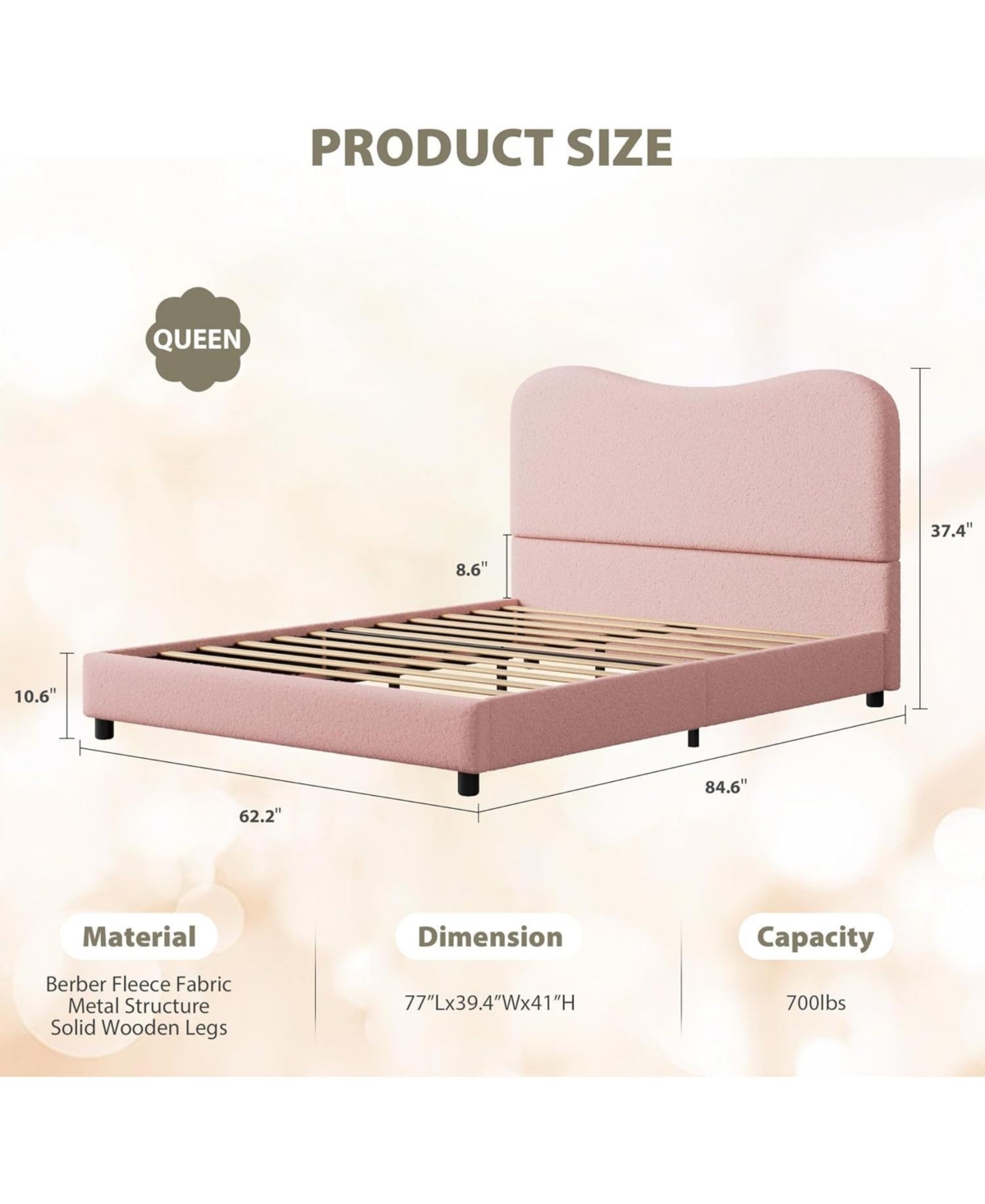 gaomon Bed Frame with Upholstered Headboard, Soft Low Profile Sturdy Platform Rounded Corners Design, Wooden Slats