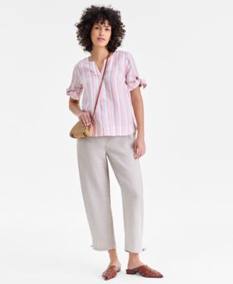 Women's 100% Linen Split-Neck Tie-Cuff Top