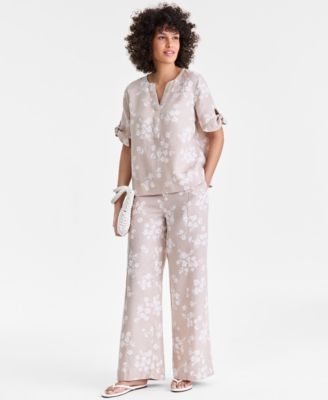 Women's 100% Linen Woven Pleated Wide-Leg Pants & 100% Linen Split-Neck Tie-Cuff Top