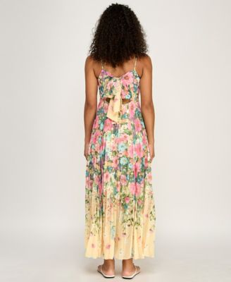 Juniors' V-Neck Floral Print Chiffon Dress