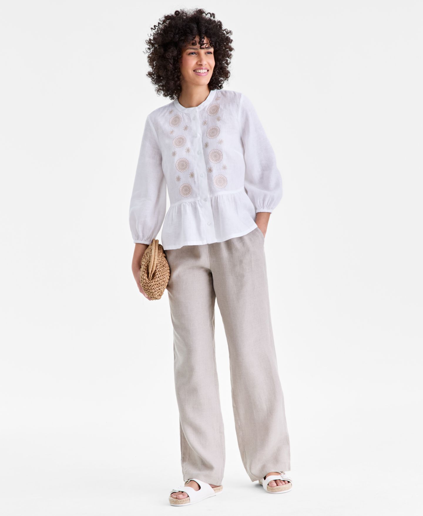 Женский топ Charter Club 100% Linen Embroidered-Front Peplum, цвет: Яркий белый — фото 2