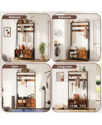 Hall Tree with Bench and Shoe Storage, Industrial Style Coat Rack with 6 Hooks, Wood Look for Entryway, Hallway and Living Room
