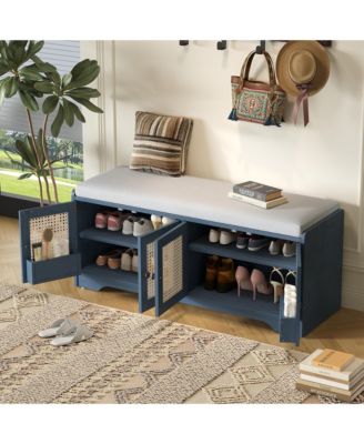 Rustic Storage Bench - Wood Shoe Cabinet Storage Ottoman with Removable Cushion, Woven Rattan Doors, Adjustable Shelves for Hallway