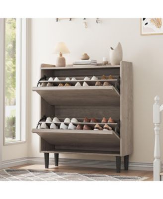 Freestanding Shoe Cabinet - 2 Flip Drawers + Drawer Adjustable Wooden Entryway Organizer
