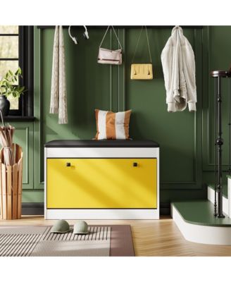 Modern Entryway Shoe Storage Bench with Flip Drawer, PU Cushion & Tipping Bucket Organizer