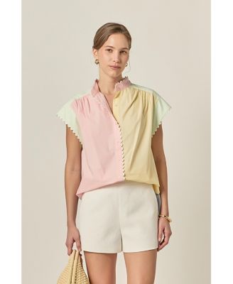 Women's Colorblock Short Sleeve Shirt With Ric Rac Trim