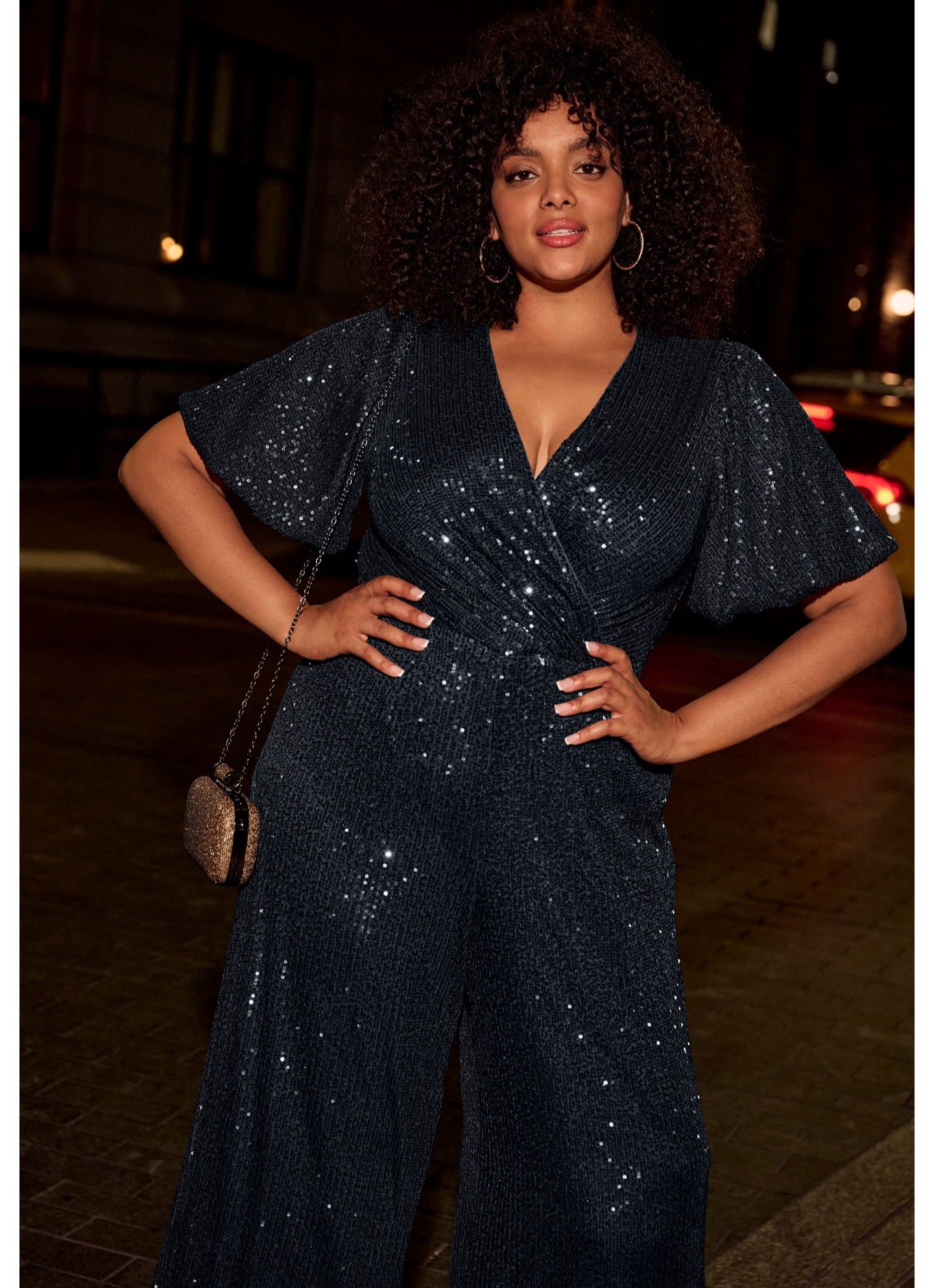 Женский комбинезон AVENUE Plus Size Petite Nada Sequin Puff Sleeve Jumpsuit, цвет: Чёрный — фото 2