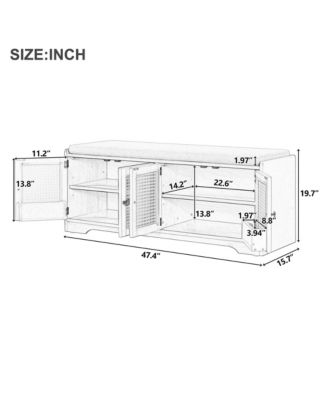 Rustic Storage Bench - Wood Shoe Cabinet Storage Ottoman with Removable Cushion, Woven Rattan Doors, Adjustable Shelves for Hallway