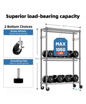 Heavy Duty Rolling Garment Rack - 3 Tiers Adjustable Wire Shelving, Clothes Rack with 2 Rods and Side Hooks for Bedroom and Cloakroom, Chrome