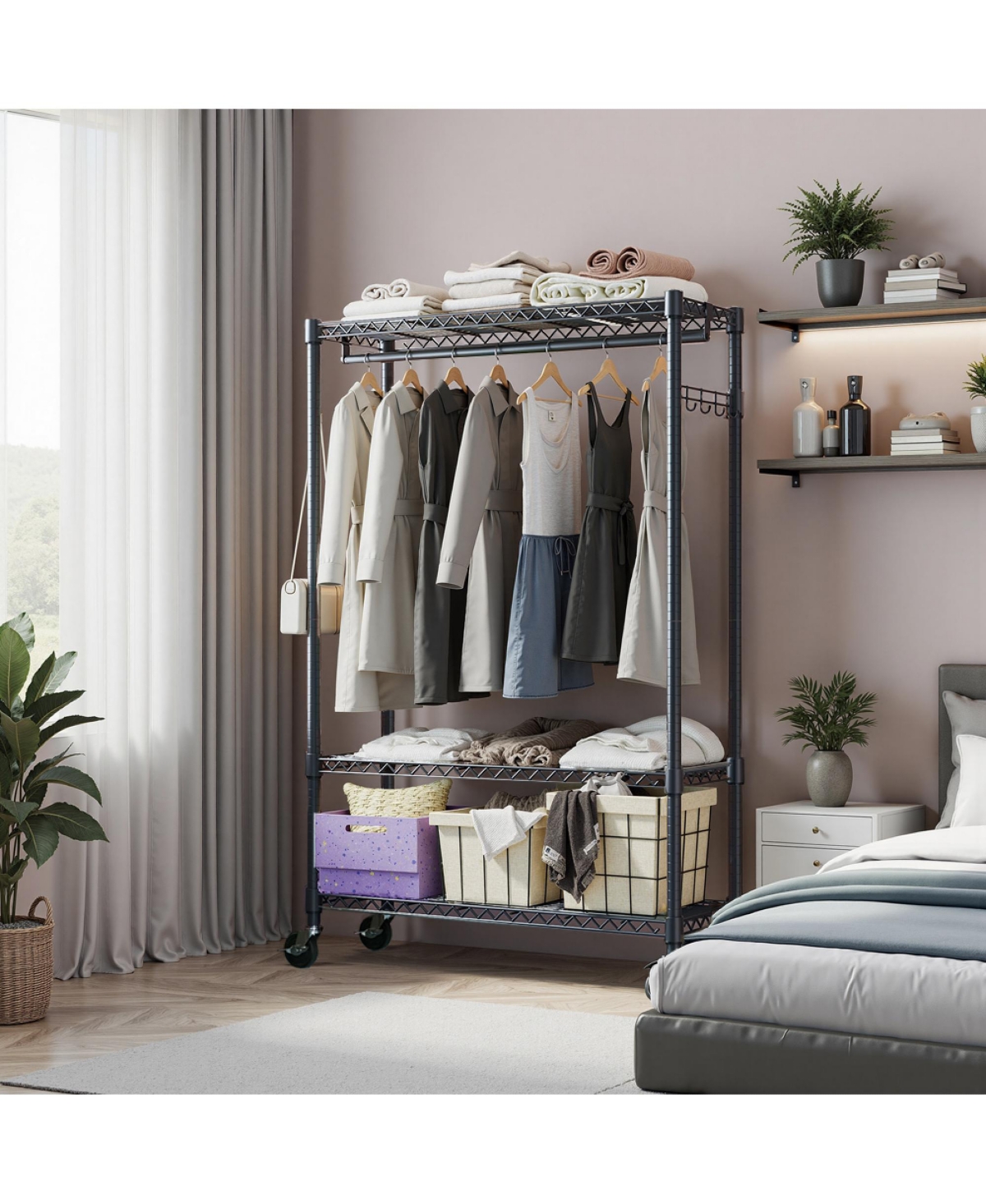 Rainsken Heavy Duty Garment Rack on Wheels, 3 Tiers Adjustable Wire Shelving, Clothes Rack with 1 Rods and Side Hooks for Bedroom and Wardrobe