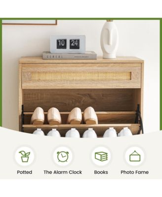 Entryway Freestanding Rattan Shoe Cabinet, 2 Flip Drawers + 1 Drawer Storage