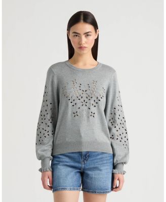 Women's Long Sleeve Eyelet Crew Neck Sweater