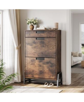 Vintage Farmhouse Narrow Entryway Shoe Cabinet - 2 Flip Drawers + 1 Top Drawer Organizer