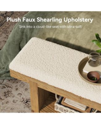 47.2" Solid Wood Bench, 2-Tier Farmhouse Upholstered Entryway Bench with Storage Shelf, Narrow Rustic Bench for Bedroom, Entryway