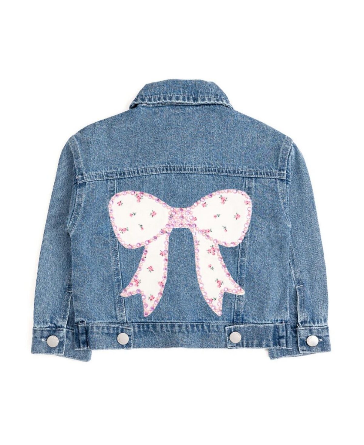 Sweet Wink Big Girls Pearl and Gemstone Floral Bow Patch Denim Jacket