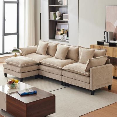 112" Modular Sectional Sofa, L-Shape Cloud Couch/Deep Seat/Armrest/Plush Corduroy Fabric, No Assembly Required, Space-Saving