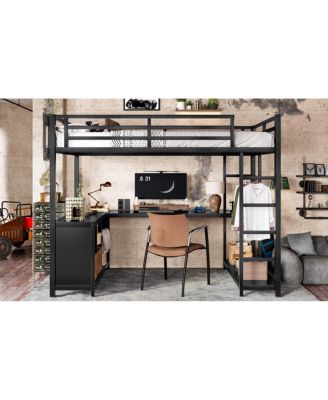 Metal Loft Bed with Wardrobe, L-shaped Desk & Storage, Twin XL