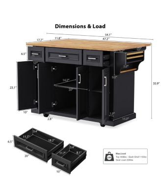 Streamdale 54" Large Kitchen Island with Drop Leaf, Rolling Cart with 4 Doors, 3 Drawers