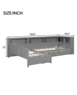 126 inches Wood Twin L-shaped Platform Bed with Trundle & Drawer