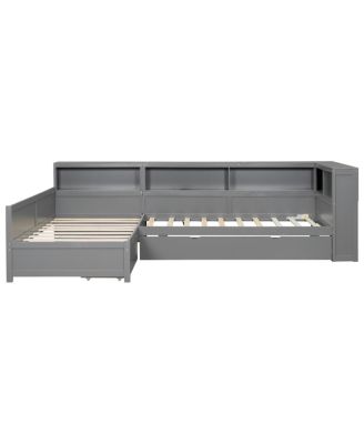 126 inches Wood Twin L-shaped Platform Bed with Trundle & Drawer
