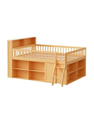 Queen Size Loft Bed with Storage, Headboard with LED Light, Natural