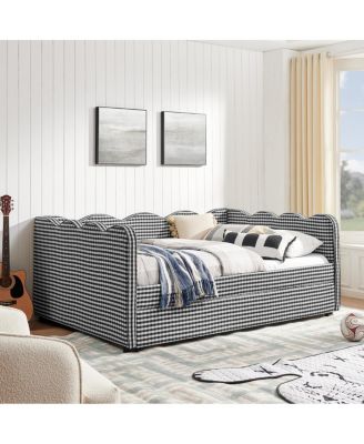 Cozy Gingham Daybed with Twin Trundle, USB Port, Linen Fabric