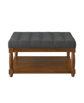 Large Tufted Linen Ottoman Coffee Table with Solid Wood Shelf
