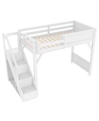 Twin Loft Bed with Wardrobe, Storage, Shelves, Guardrails, Stairs