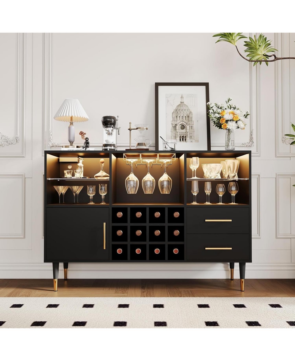 gaomon 47 Inch Industrial Coffee Bar Cabinet with Led Lights and Power Outlets Wood Liquor Cabinet with 2 Doors Glass Holders & Storage