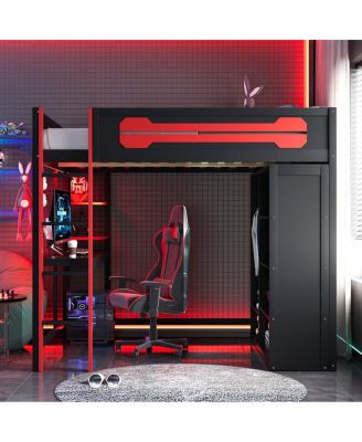 Streamdale Full Size Wood Loft Bed with Desk, Open Wardrobe and RGB Light