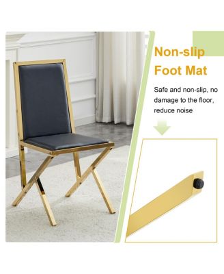 4-pack gold metal framed black PU dining chairs with ergonomic design.