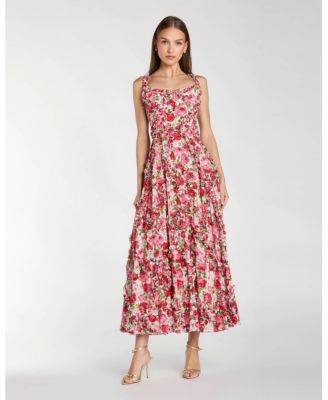 Women's Petite Floral Cotton Ruffle Square Neck Ankle Dress