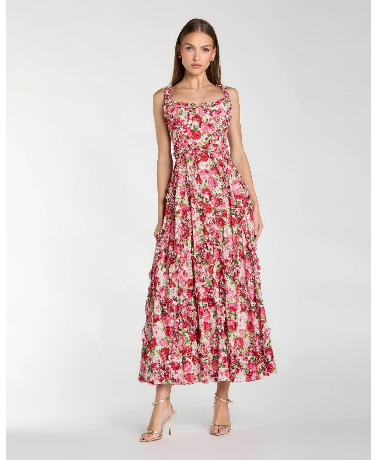 Mac Duggal Women's Petite Floral Cotton Ruffle Square Neck Ankle Dress